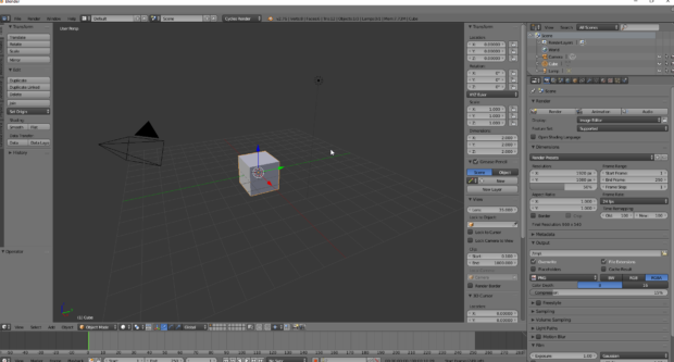 Interface do Blender com a configuração padrão. A janela é divida em vários painéis que podem ser modificados e subdivididos para colocar outros painéis. 