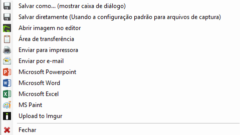 Menu suspenso do programa Greenshot que abre automaticamente após a captura de uma imagem com as diversas opções de saída.