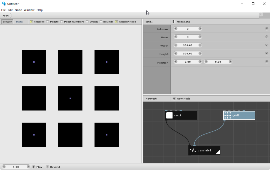 Interface do Nodebox 3: a direita temos dois painéis, o de baixo é onde criamos os nós e o de cima as configurações daquele nó. No lado esquerdo temos sempre em tempo real a visualização do código.