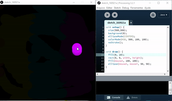 Código simples em Processing que captura a posição do mouse e a utiliza como coordenadas para desenhar um círculo na tela.