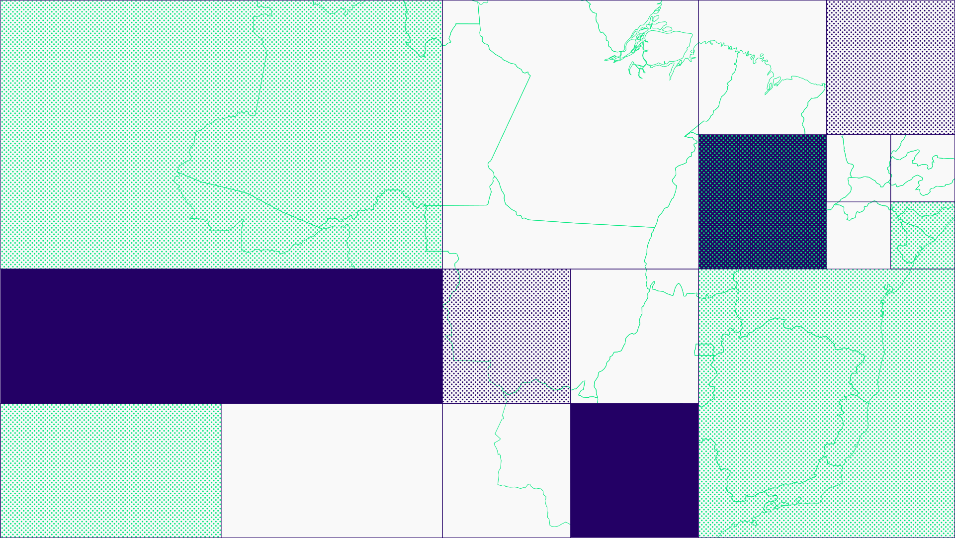 Grafismo com o mapa do Brasil sobre quadrados de diversos tamanhos pontilhado.