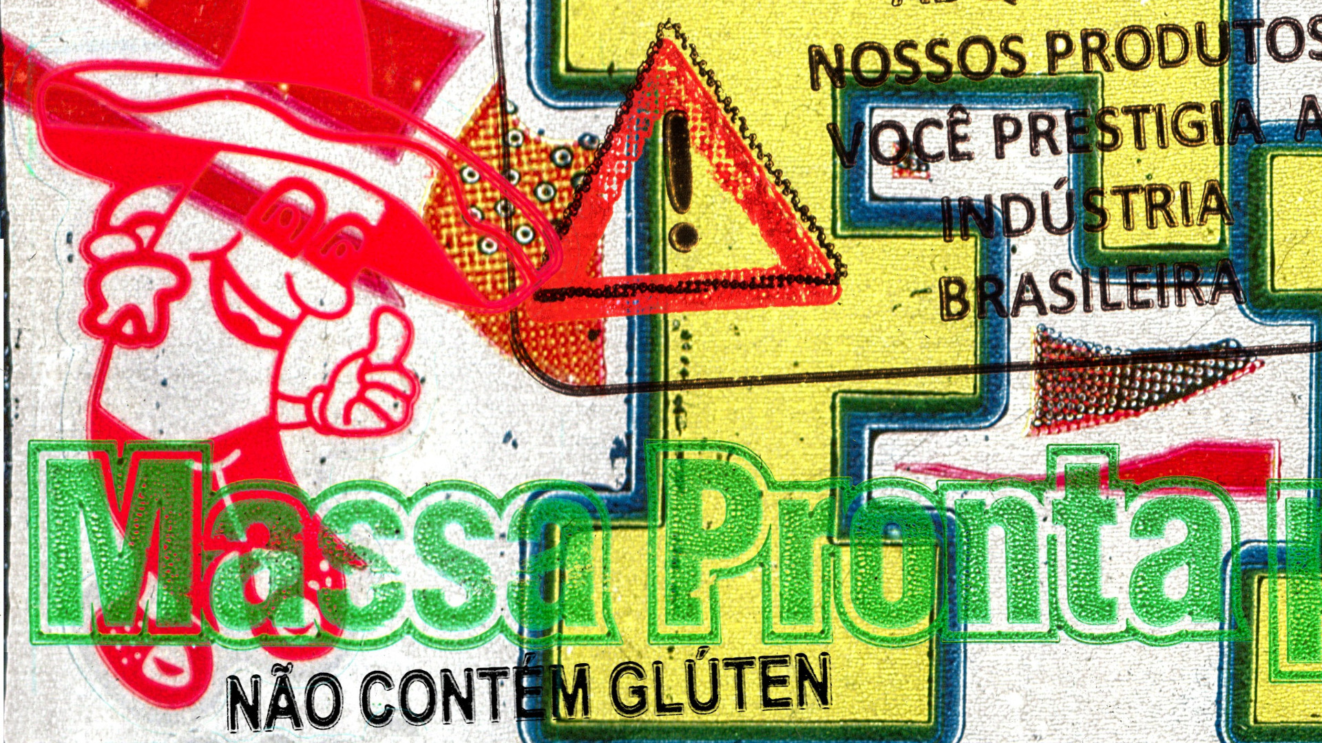 Detalhe da arte principal com destaque para a figura de um geladinho com um chapéu típico de Mariachi. Algumas frases se destacam: "Você prestigia a indústrias brasileira", "Massa Pronta", "Não contem glútem".