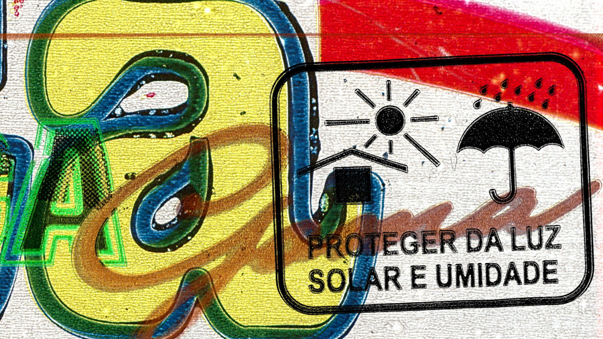 Detalhe da arte principal com destaque para o texto "Proteger da luz solar e umidade".