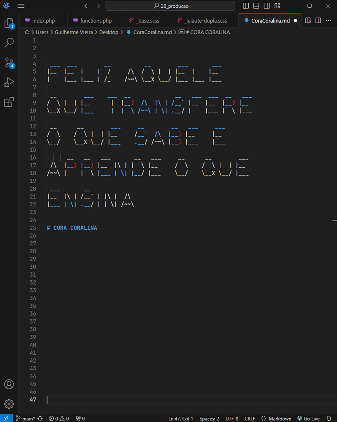 Imagem de um editor de código com a frase "Feliz aquele que transfere o que sabe e aprende o que ensina" de Cora Coralina.